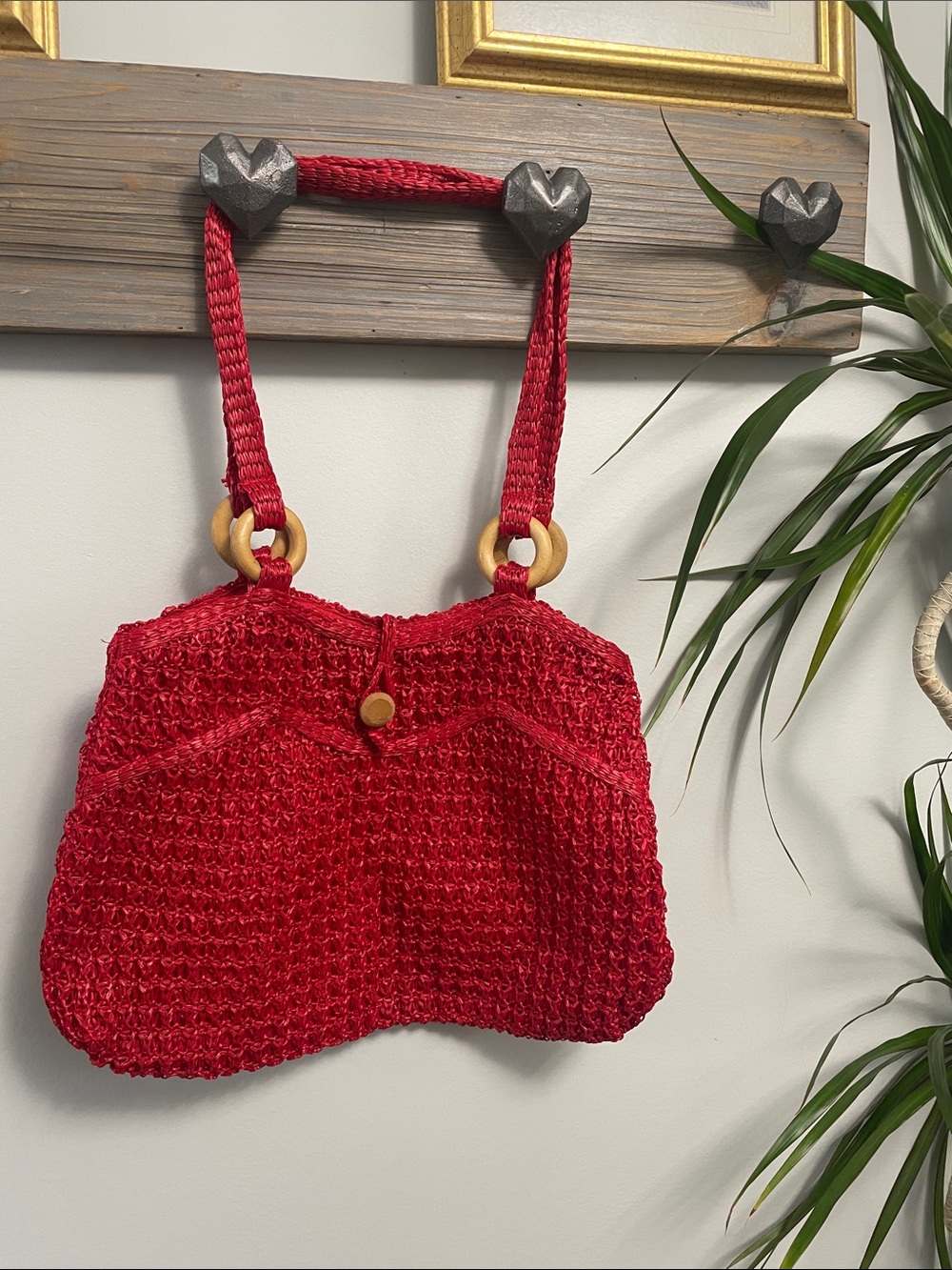 Red Woven Shoulder Bag with Wooden Ring Accents